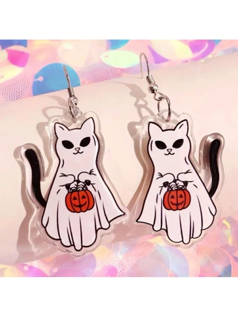 Celestial Ghost Cat Acrylic Dangle Earrings Dark Academia Pumpkin NWOT